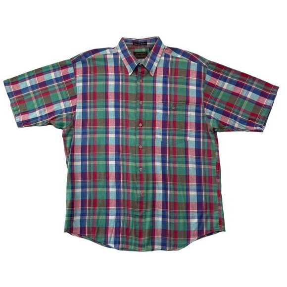 VTG 1980s Eddie Bauer Superior Madras Plaid Button Up Shirt SS Mens XL Preppy - Picture 1 of 13